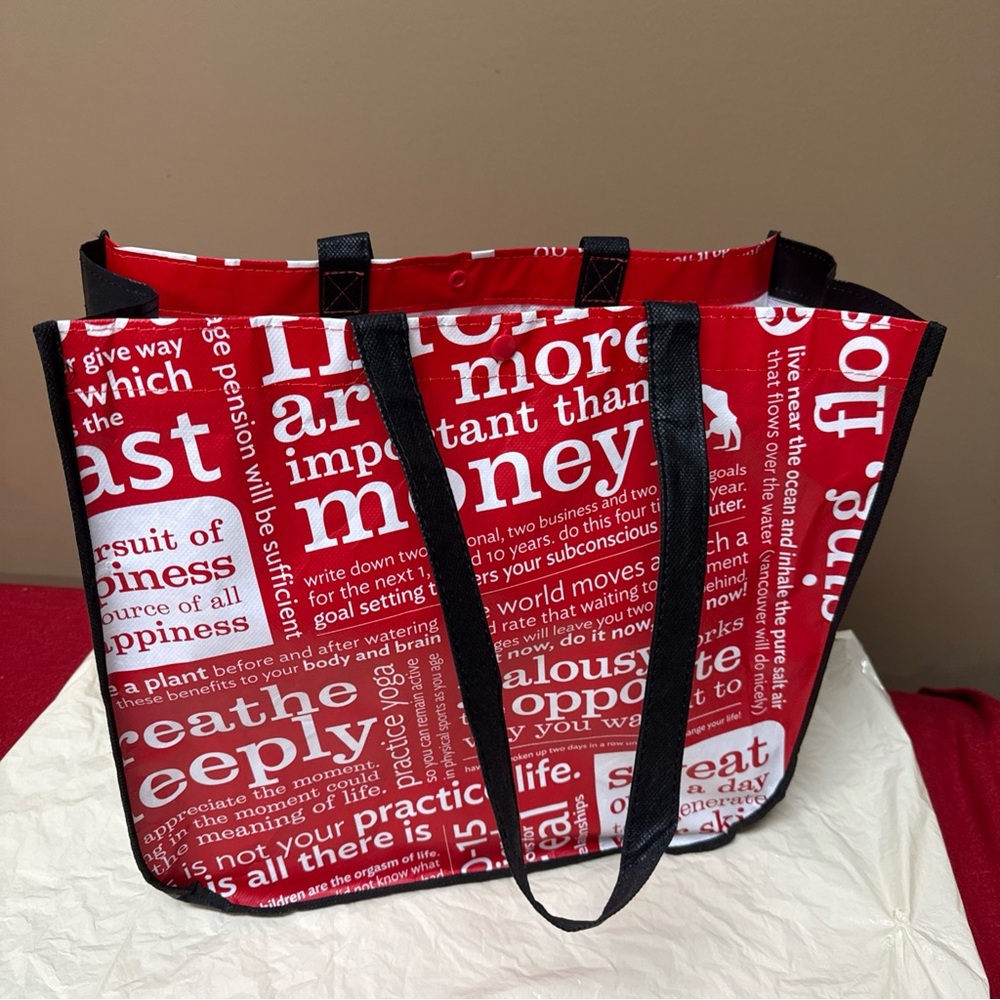 Lululemon Reusable Big Shopping Tote Bag Red Black White 14”x15x6” Snap Closure